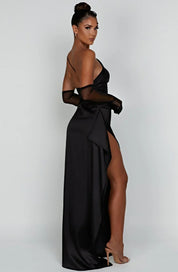 Elegant Satin One-Shoulder Maxi Evening Dress with High Slit