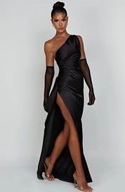 Elegant Satin One-Shoulder Maxi Evening Dress with High Slit