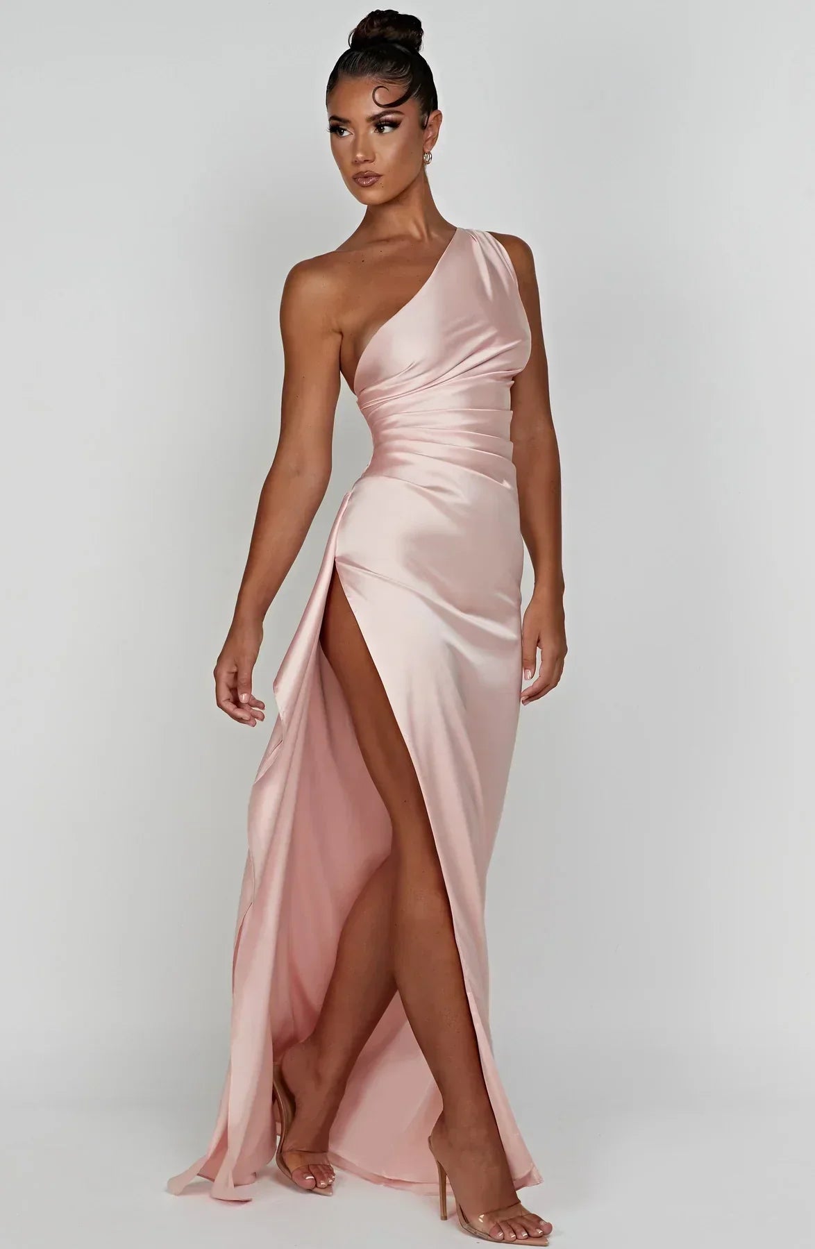 Elegant Satin One-Shoulder Maxi Evening Dress with High Slit