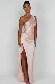 Women's Satin Elegant One-Shoulder Maxi Dress with High Slit for Gala