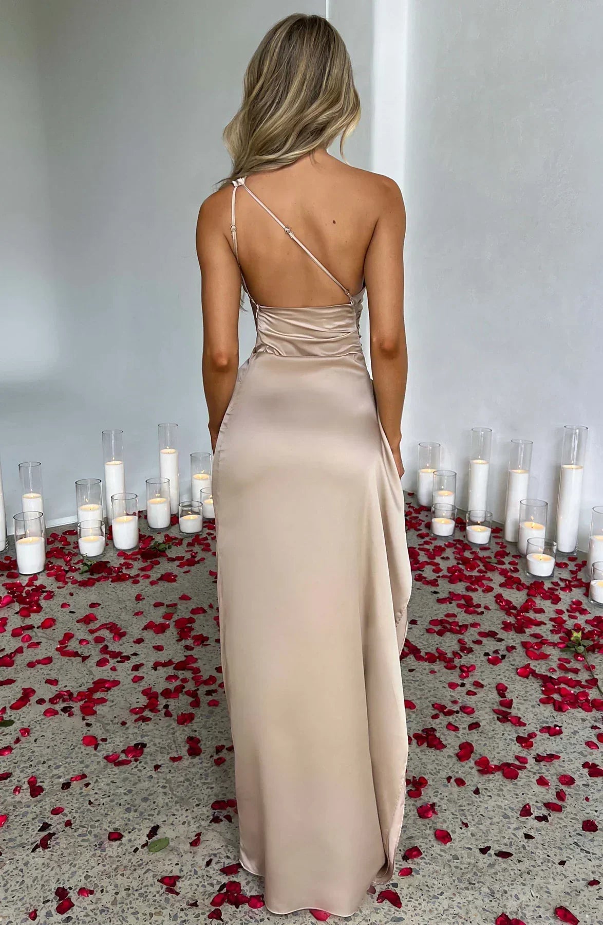 Women's Satin Elegant One-Shoulder Maxi Dress with High Slit for Gala