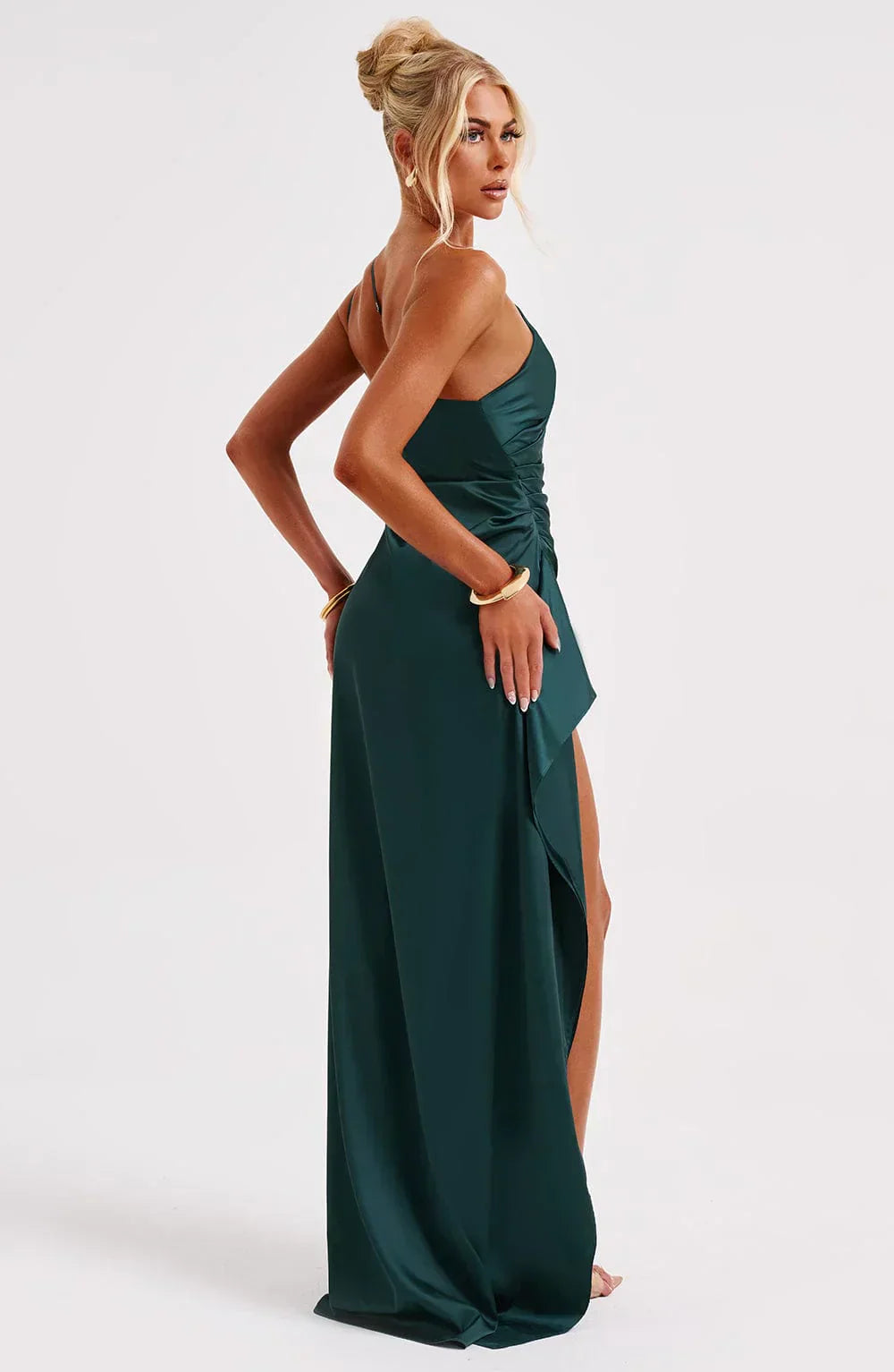 Elegant Satin One-Shoulder Maxi Evening Dress with High Slit