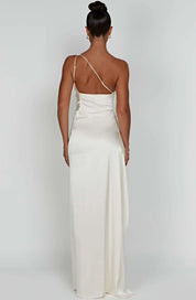Elegant Satin One-Shoulder Maxi Evening Dress with High Slit