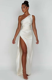 Elegant Satin One-Shoulder Maxi Evening Dress with High Slit
