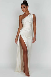Elegant Satin One-Shoulder Maxi Evening Dress with High Slit