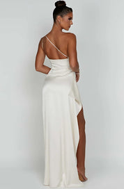 Elegant Satin One-Shoulder Maxi Evening Dress with High Slit