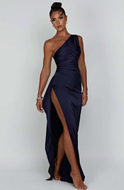 Women's Satin Elegant One-Shoulder Maxi Dress with High Slit for Gala