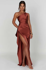 Women's Satin Elegant One-Shoulder Maxi Dress with High Slit for Gala