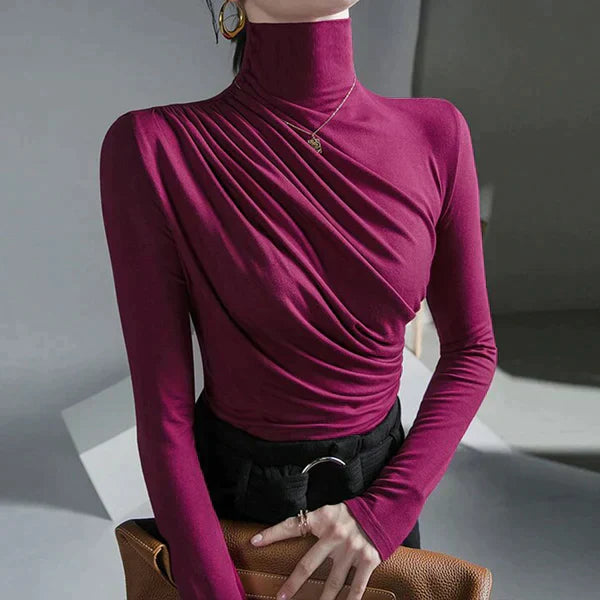 Women's Turtleneck Top with Draped Detail and Fitted Silhouette
