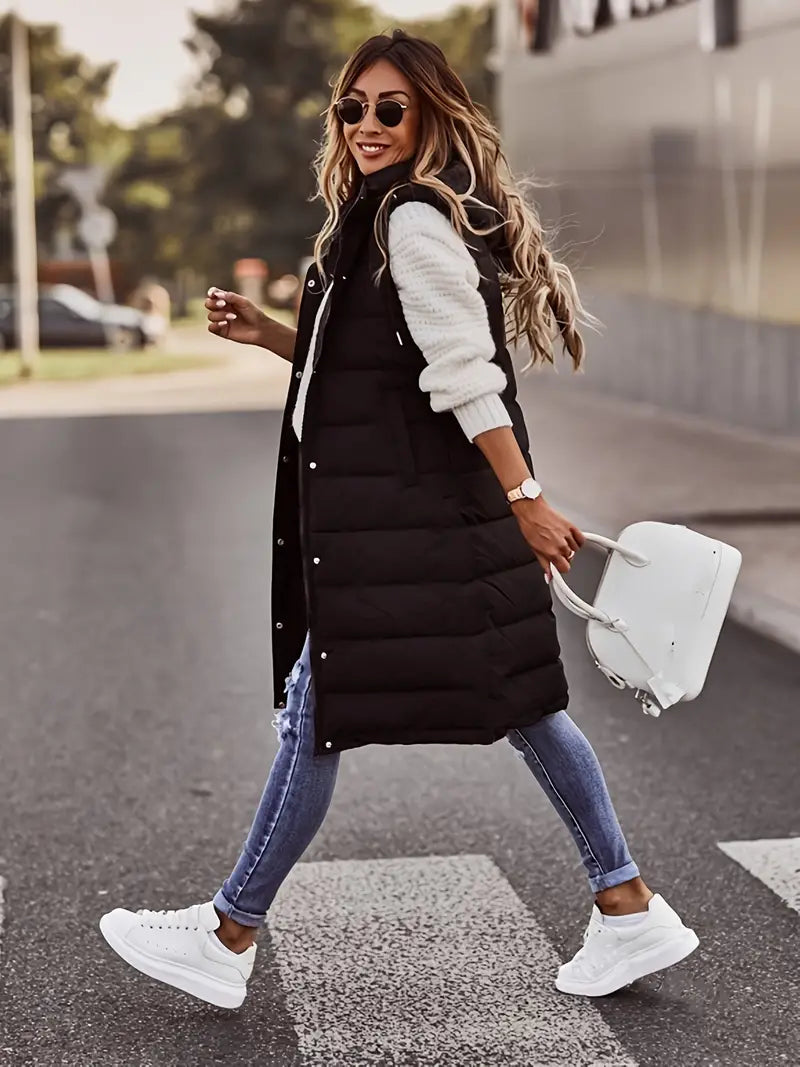 Puffer Bodywarmer with Hoodie and Zipper Pockets for Women