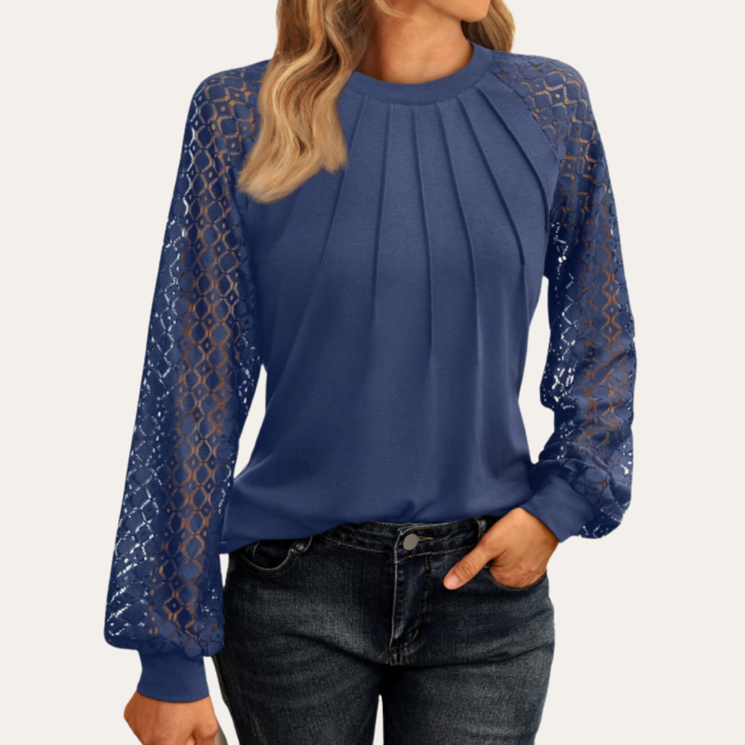 Women's Blouse with Lace Sleeves and Pleated Neckline