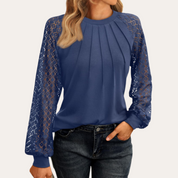 Women's Blouse with Lace Sleeves and Pleated Neckline