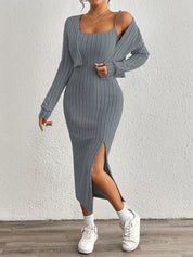 Trendy Fitted Midi Dress Set for Women with Short Vest and Slit