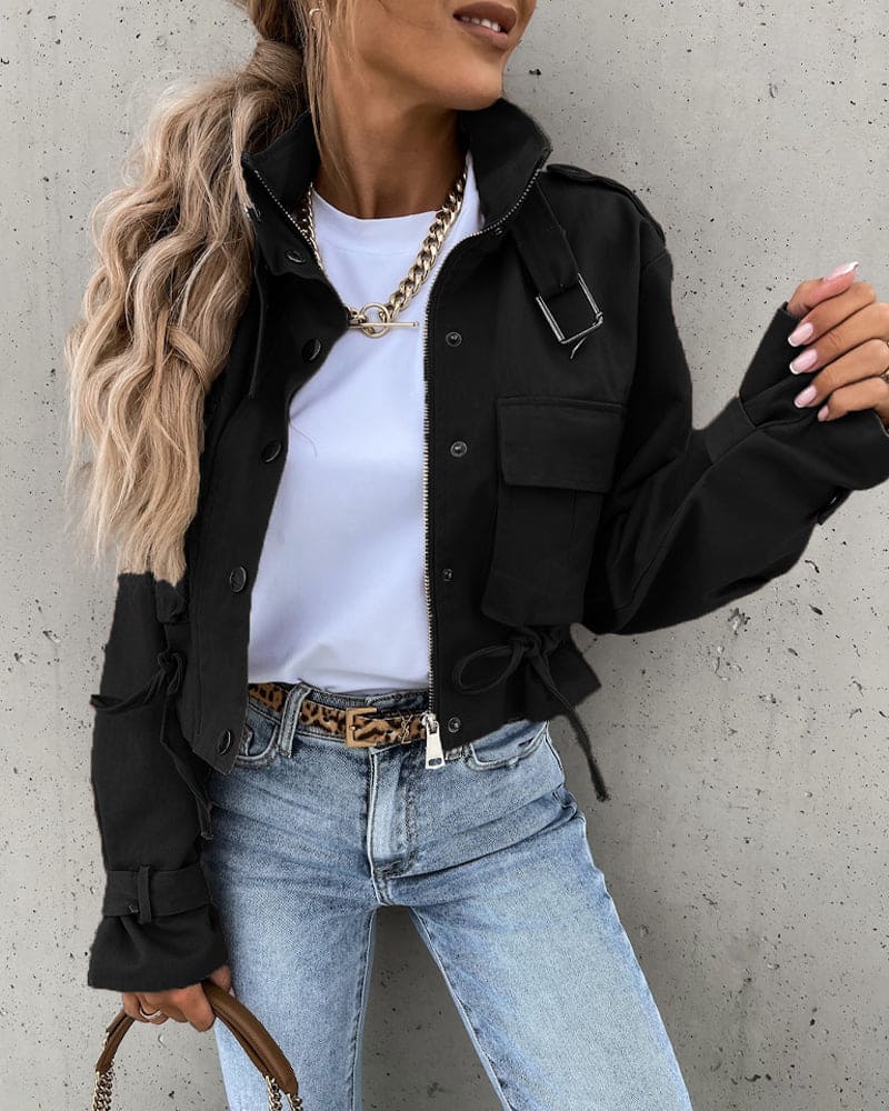 Women's Cropped Bomber Jacket with Pockets, Drawstring, and High Collar