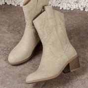 Women's Beige Western Cowboy Boots Mid-Calf With Block Heel And Side Zipper