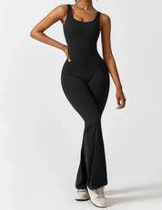 Flared V-Back Jumpsuit for Women with Open Back and Scrunch Detail