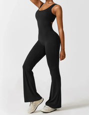 Flared V-Back Jumpsuit for Women with Open Back and Scrunch Detail