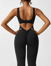Flared V-Back Jumpsuit for Women with Open Back and Scrunch Detail