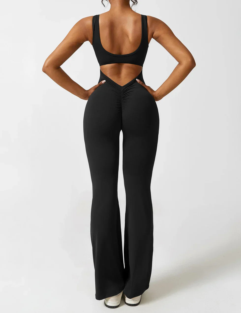 Flared V-Back Jumpsuit for Women with Open Back and Scrunch Detail