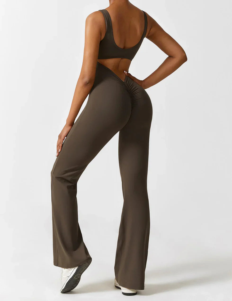 Flared V-Back Jumpsuit for Women with Open Back and Scrunch Detail