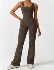 Flared V-Back Jumpsuit for Women with Open Back and Scrunch Detail