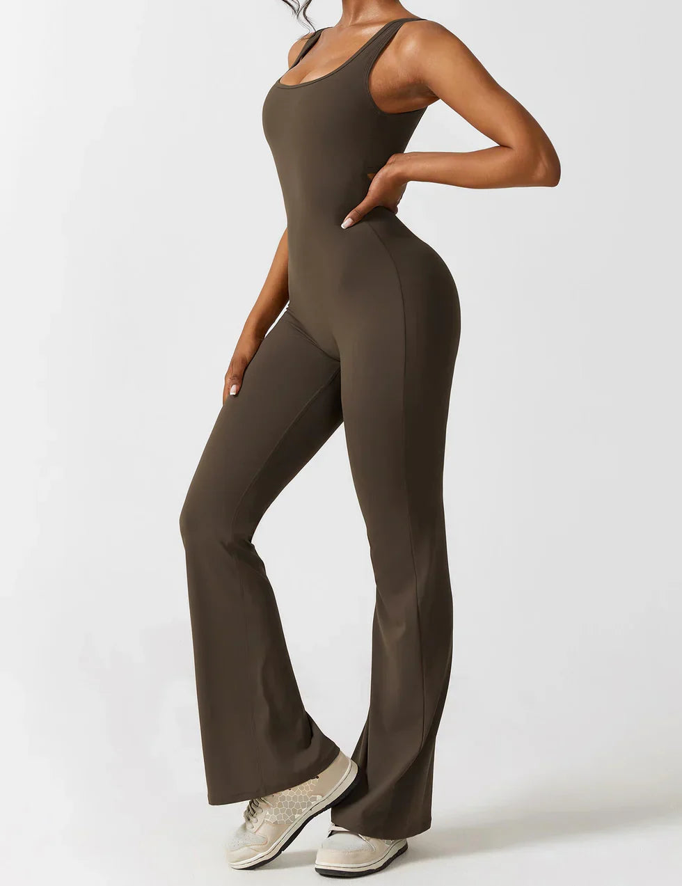 Flared V-Back Jumpsuit for Women with Open Back and Scrunch Detail