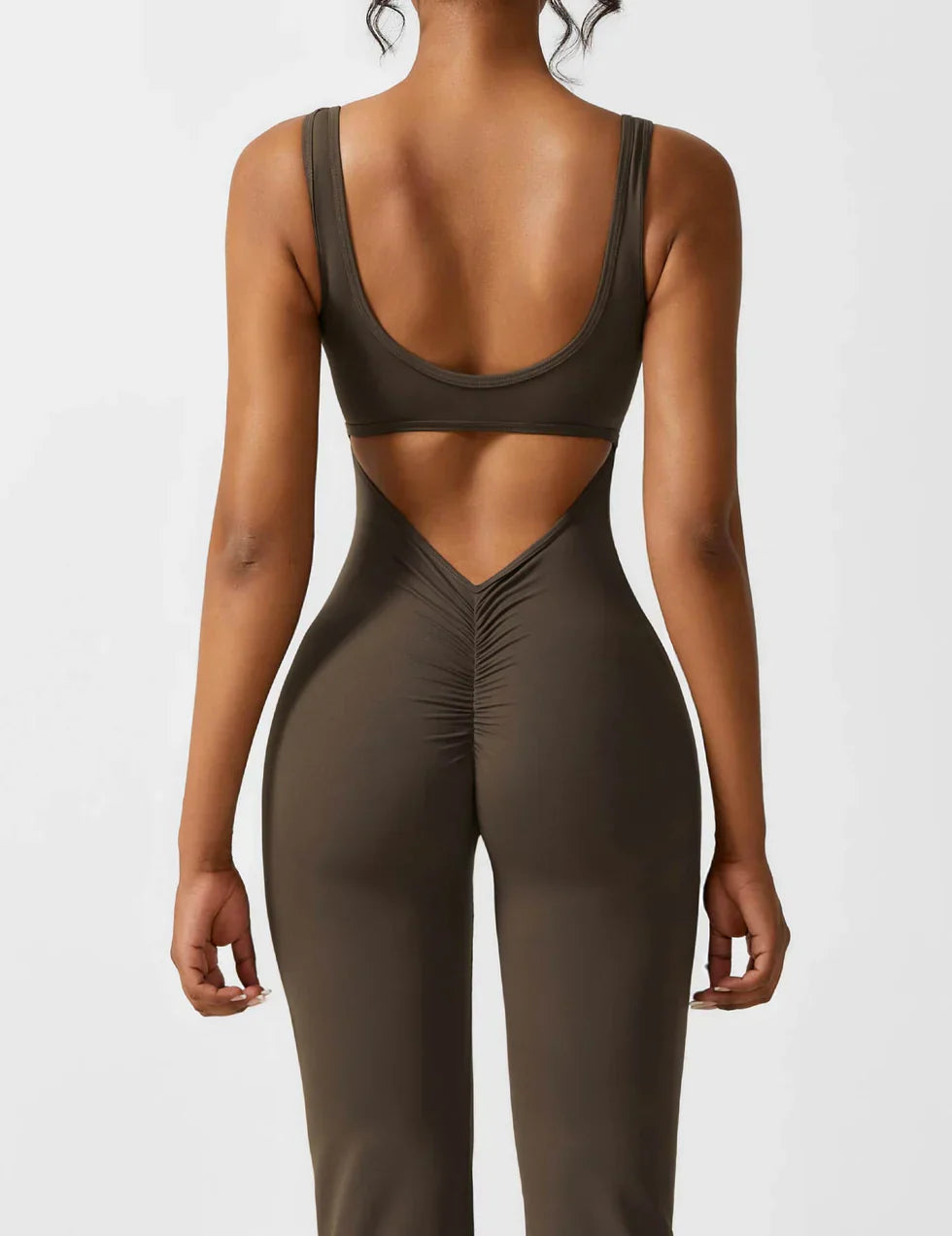 Flared V-Back Jumpsuit for Women with Open Back and Scrunch Detail