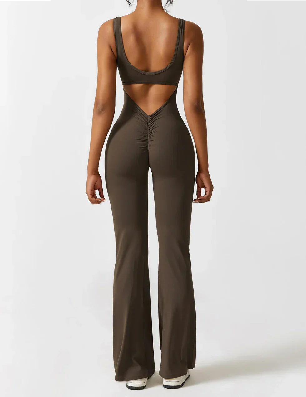 Flared V-Back Jumpsuit for Women with Open Back and Scrunch Detail