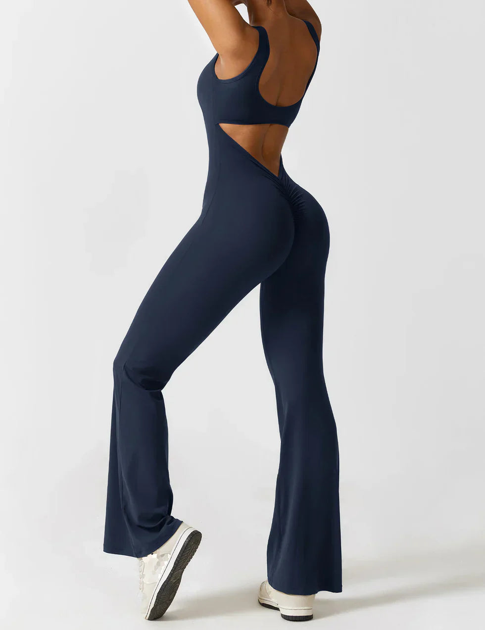 Flared V-Back Jumpsuit for Women with Open Back and Scrunch Detail