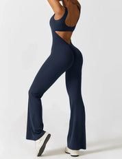 Flared V-Back Jumpsuit for Women with Open Back and Scrunch Detail