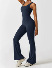 Flared V-Back Jumpsuit for Women with Open Back and Scrunch Detail