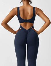 Flared V-Back Jumpsuit for Women with Open Back and Scrunch Detail