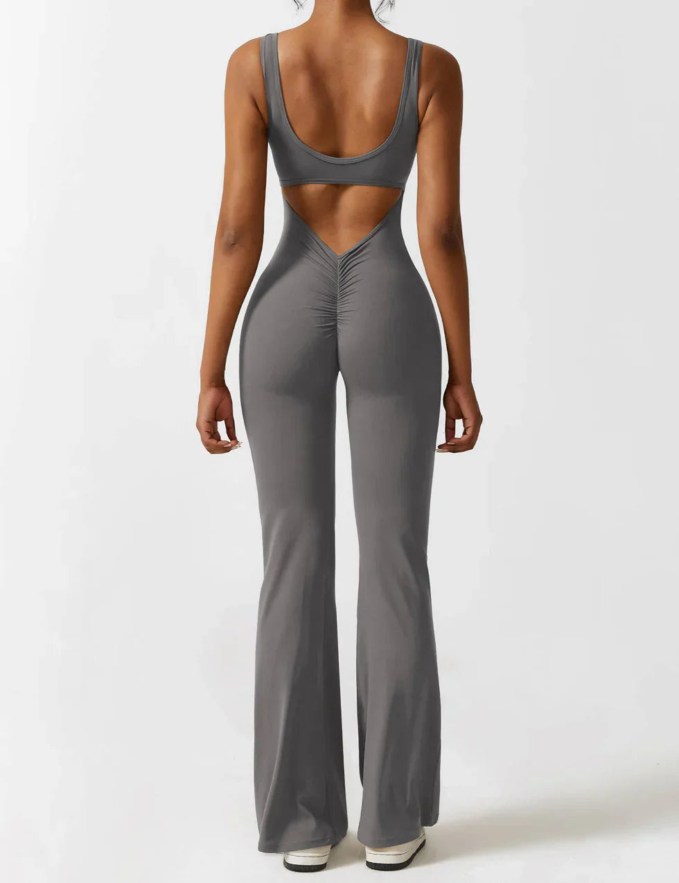 Flared V-Back Jumpsuit for Women with Open Back and Scrunch Detail