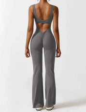 Flared V-Back Jumpsuit for Women with Open Back and Scrunch Detail