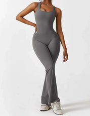 Flared V-Back Jumpsuit for Women with Open Back and Scrunch Detail