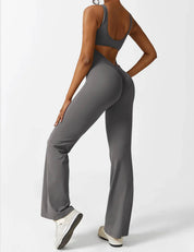 Flared V-Back Jumpsuit for Women with Open Back and Scrunch Detail