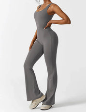 Flared V-Back Jumpsuit for Women with Open Back and Scrunch Detail