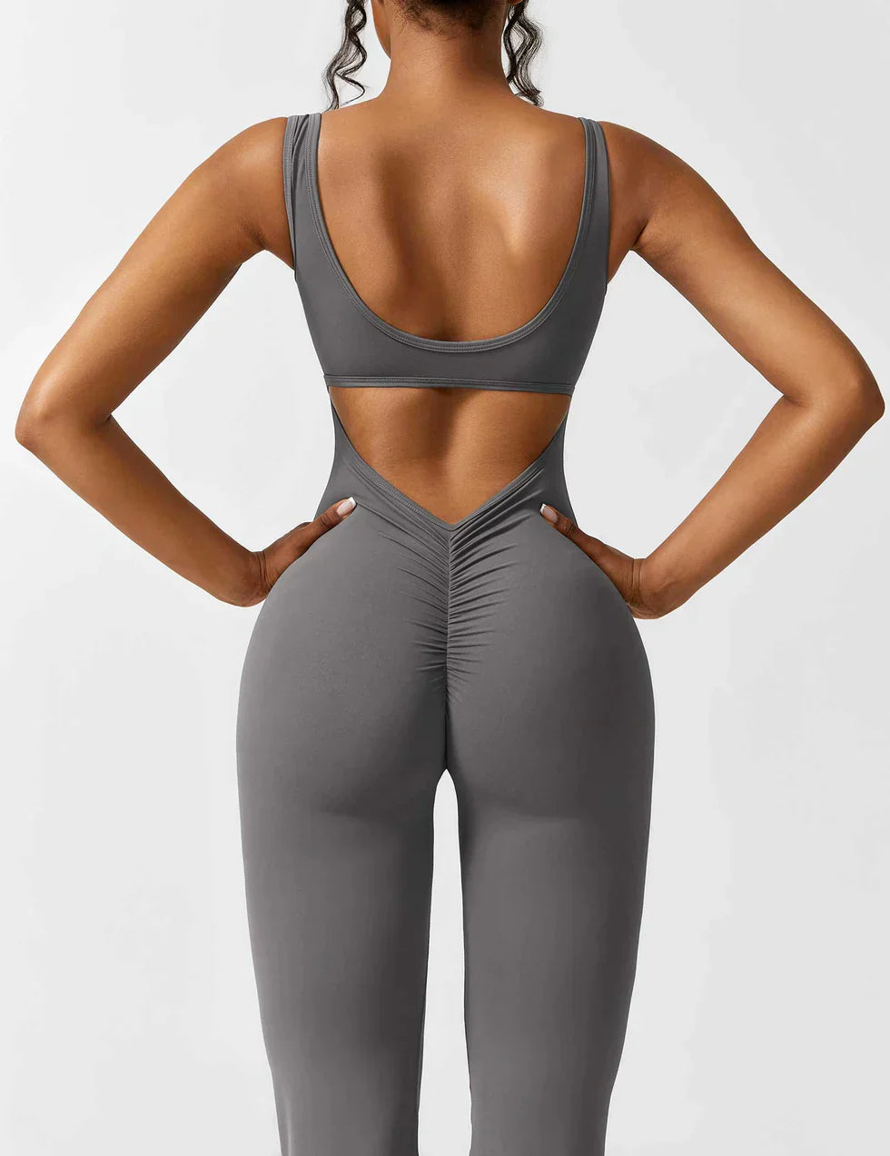 Flared V-Back Jumpsuit for Women with Open Back and Scrunch Detail