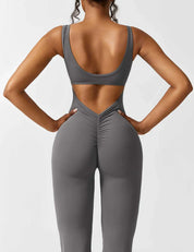 Flared V-Back Jumpsuit for Women with Open Back and Scrunch Detail