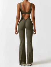 Flared V-Back Jumpsuit for Women with Open Back and Scrunch Detail