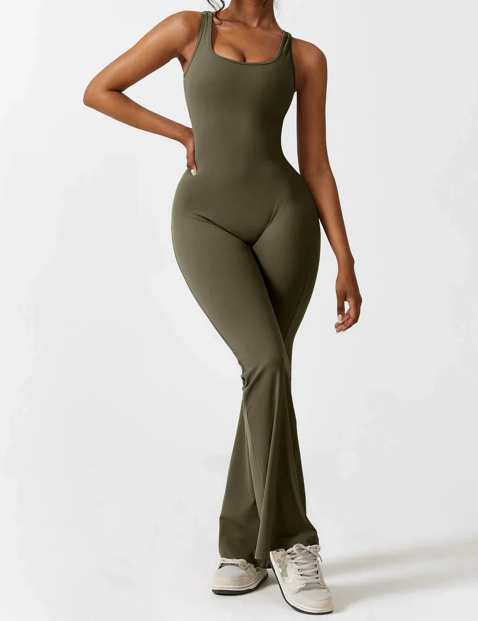 Flared V-Back Jumpsuit for Women with Open Back and Scrunch Detail