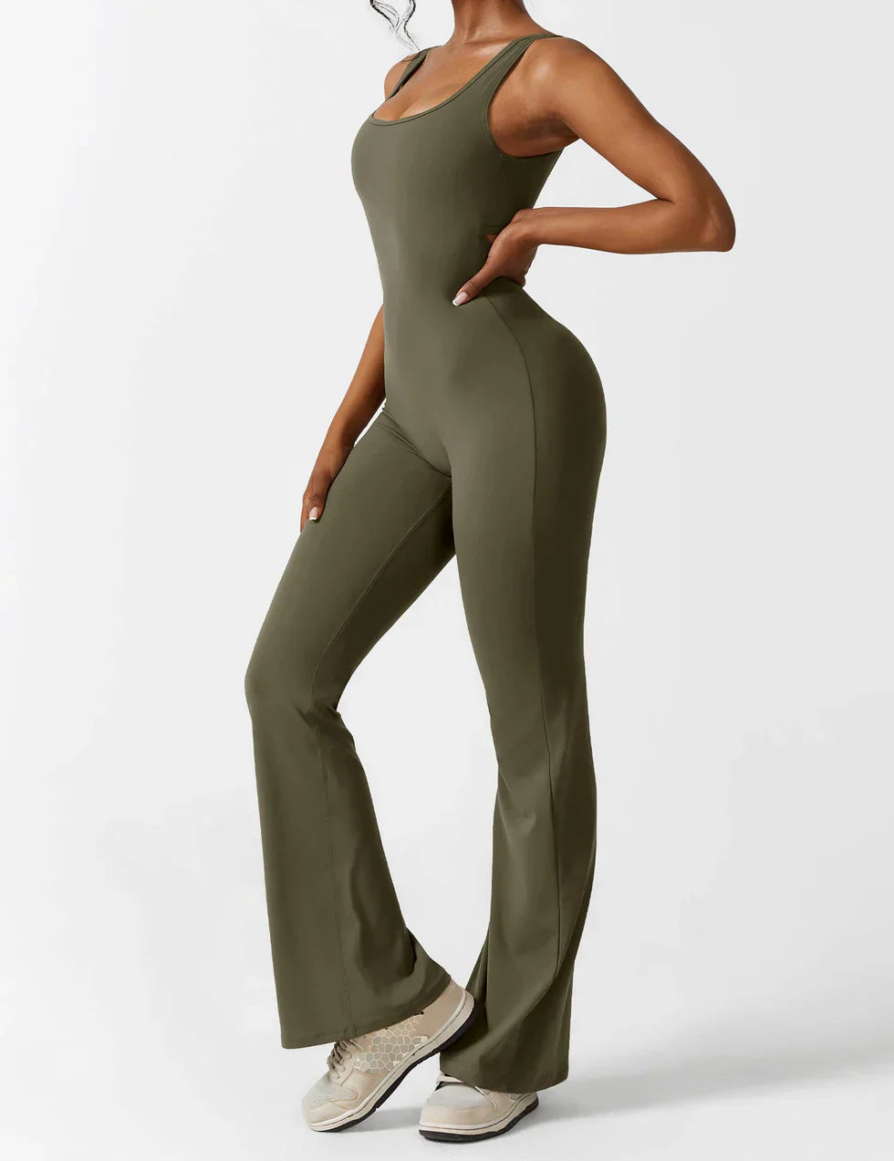 Flared V-Back Jumpsuit for Women with Open Back and Scrunch Detail