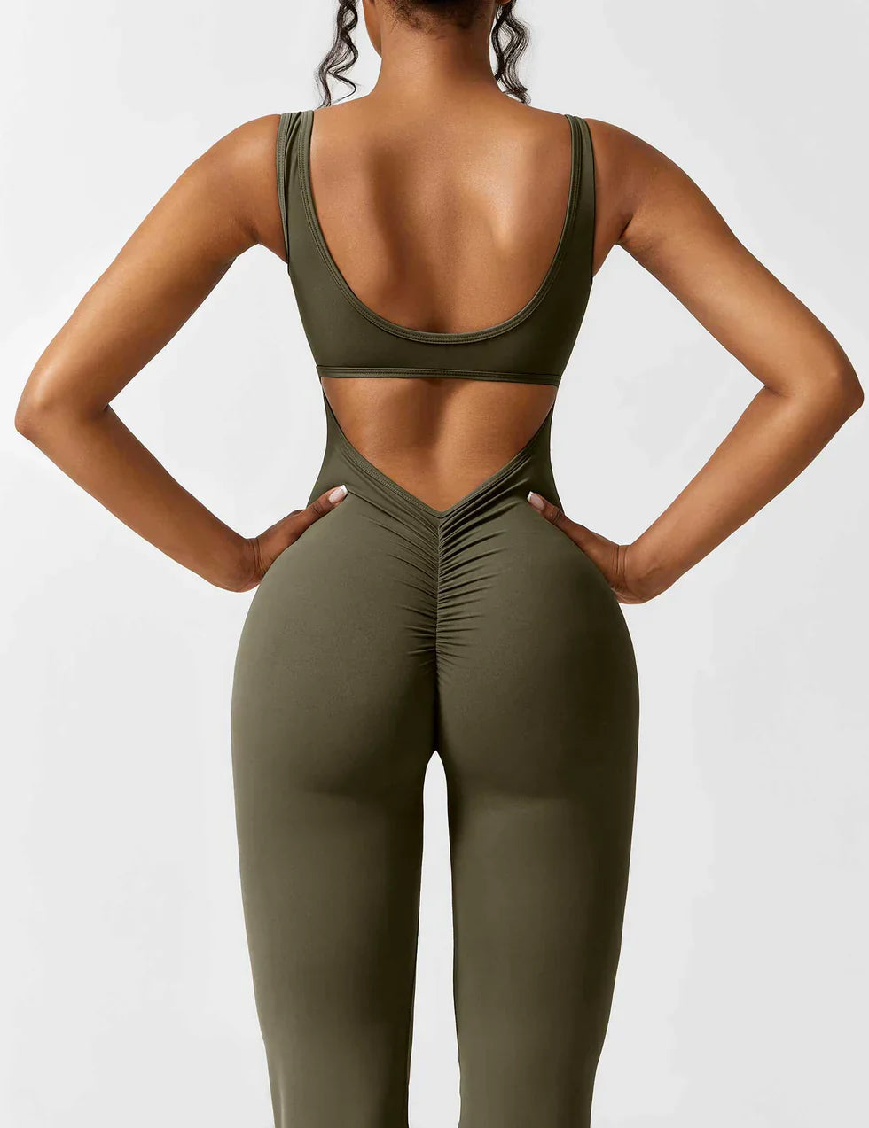 Flared V-Back Jumpsuit for Women with Open Back and Scrunch Detail