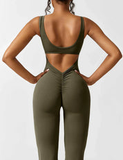 Flared V-Back Jumpsuit for Women with Open Back and Scrunch Detail
