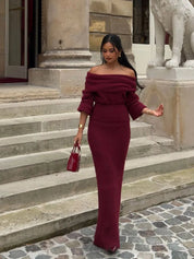 Off-Shoulder Knitted Maxi Dress with Pleat Detail for Women