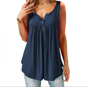 Long Tunic Top with Buttons and V-Neck Sleeveless