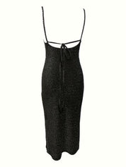 Bodycon Glitter Midi Cocktail Dress for Women with Open Back and Slit