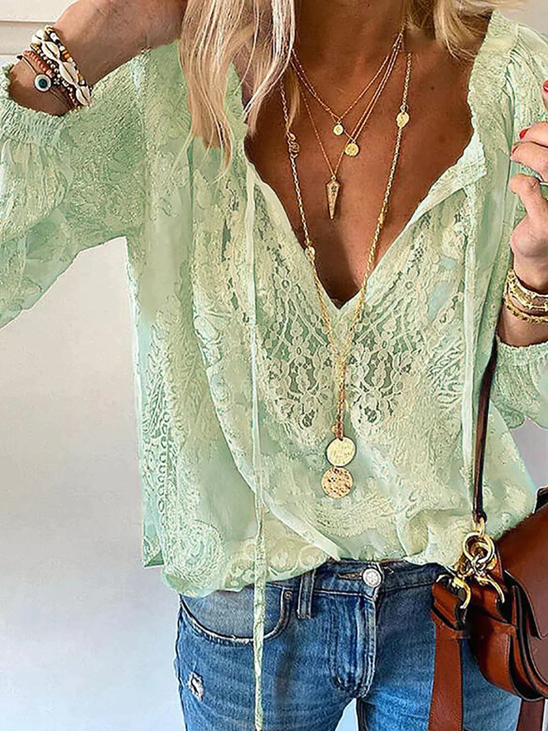 Unique Blouse with Lace Details for Women with V-Neck and Tie Closure