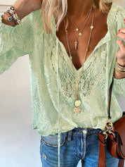 Unique Blouse with Lace Details for Women with V-Neck and Tie Closure