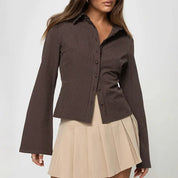 Elegant Retro Blouse for Women with Ribbed Texture and Flared Sleeves